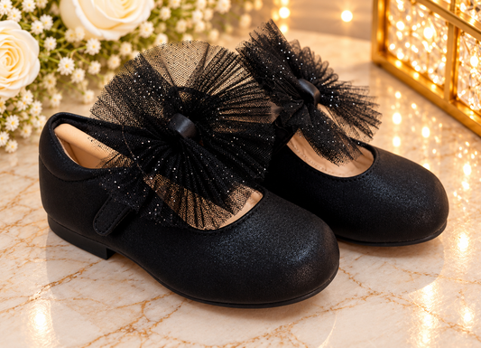 Girls’ Black Shimmer Dress Shoes with Oversized Mesh Bows Ruthie