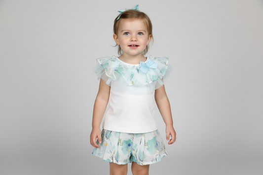 Girls cotton/linen 2pc organza flowered shorts set CDV25801