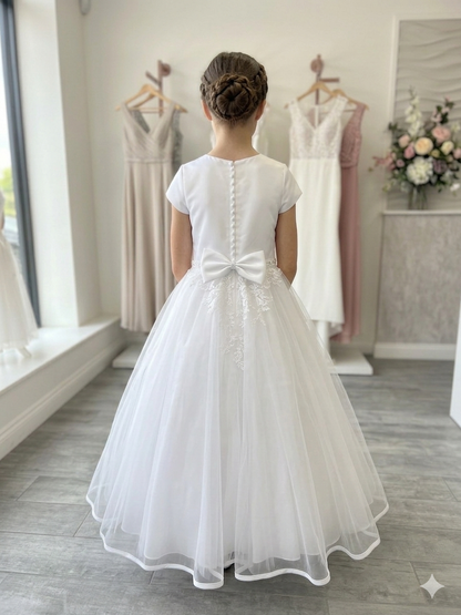 Girls White First Communion Dress with Floral Embroidery & Tulle Skirt