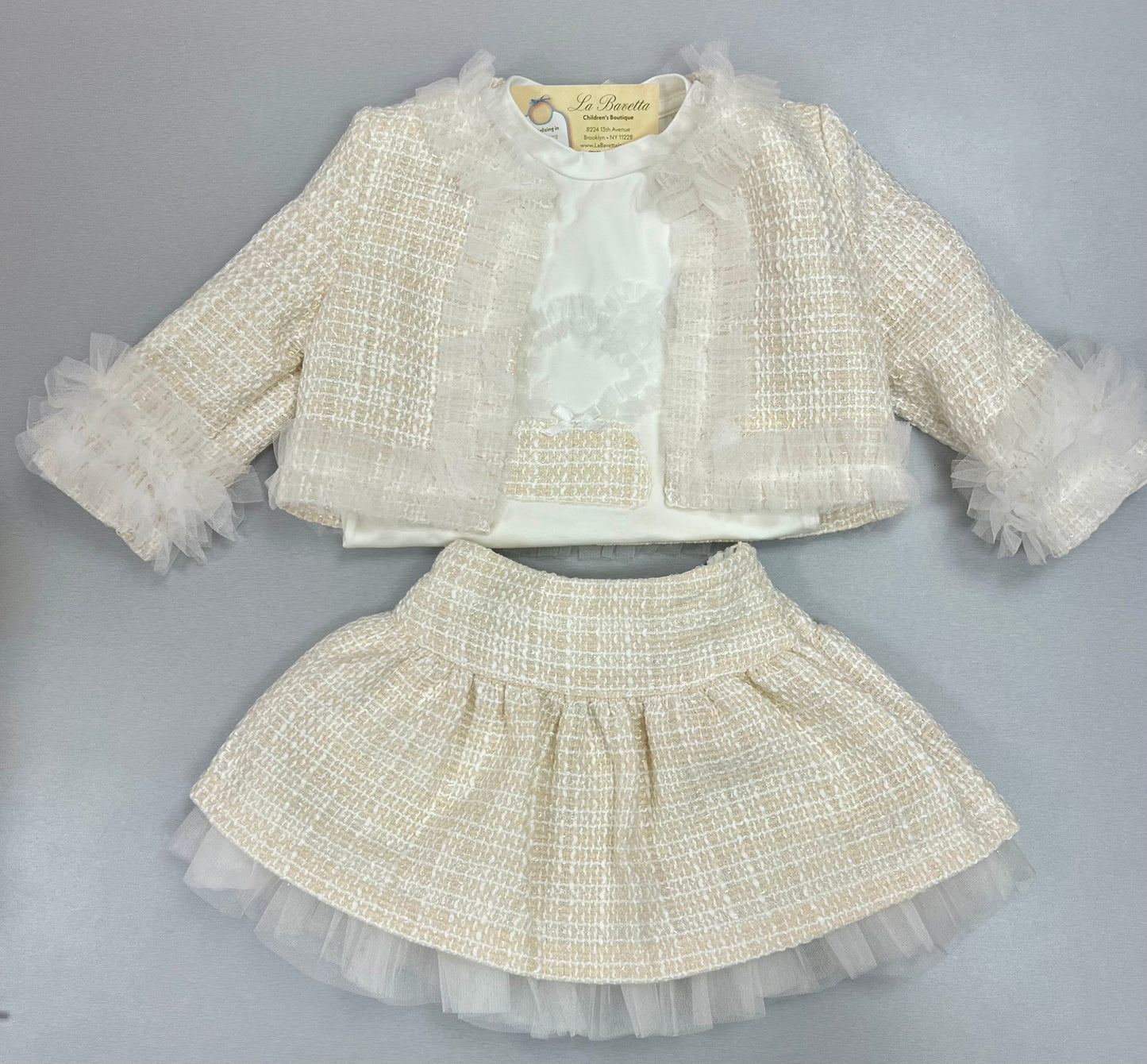 Girls Ivory Tweed 3-Piece Set with Tulle Trim Made In Italy