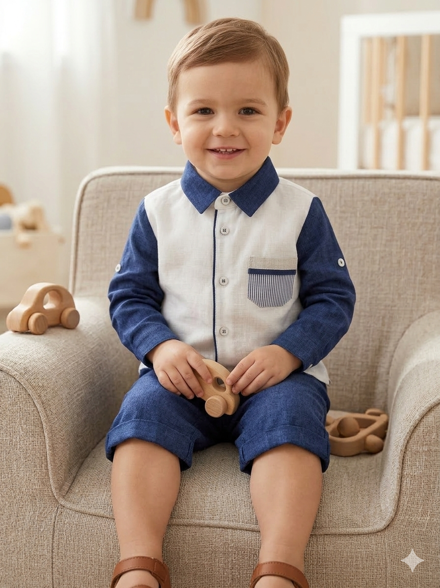 Boys Navy & White Color Block Linen Shirt & Shorts Set Made In Italy