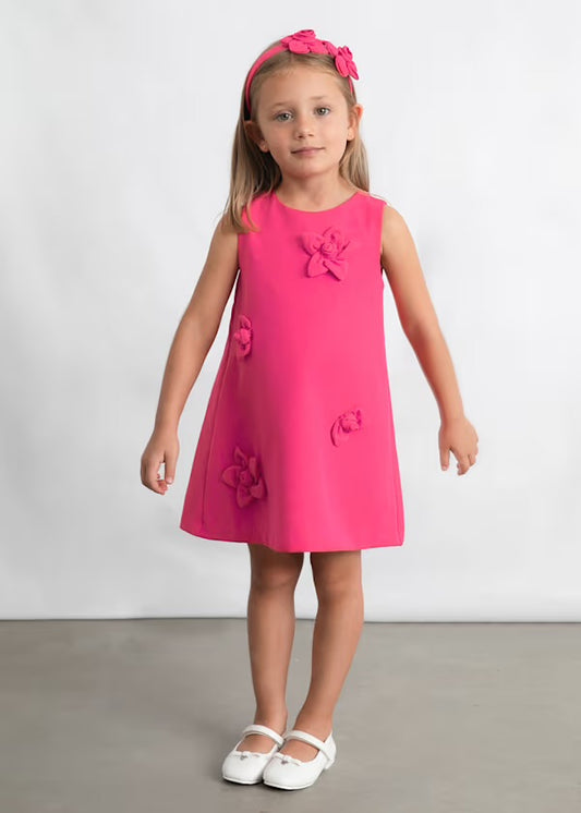 Fushia Pink Crepe Girls Dress with 3D Flower