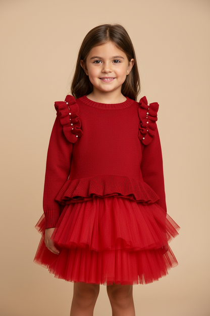 2pc girls Red knit Top & Tulle Skirt set Made In Italy