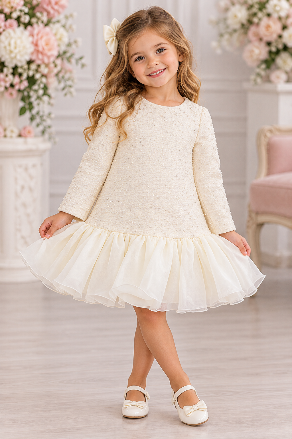 Girls’ Ivory Textured Long-Sleeve Ruffle-Hem Dress