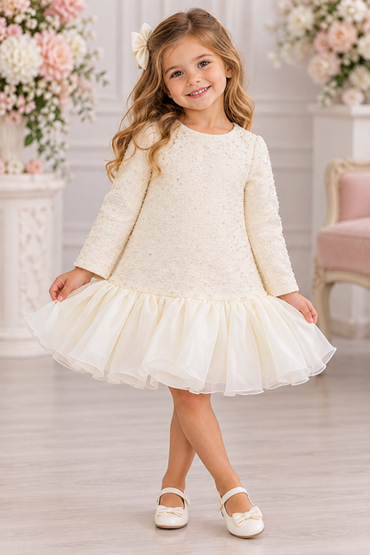 Girls’ Ivory Textured Long-Sleeve Ruffle-Hem Dress