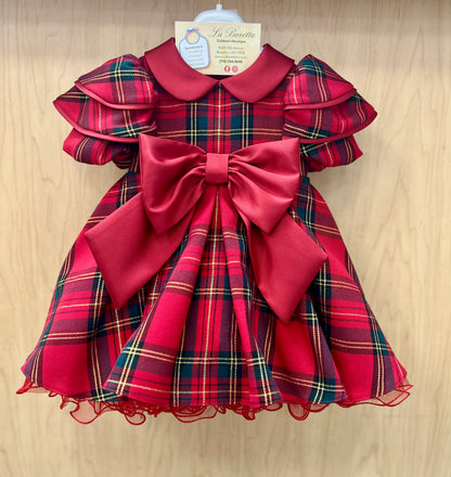 Bimbalo Plaid Holiday Dress with Red Satin Bow made in Italy