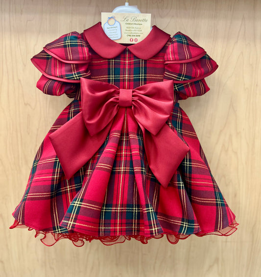 Bimbalo Plaid Holiday Dress with Red Satin Bow made in Italy