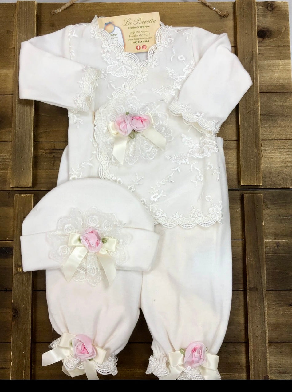 Rose 3pc cotton pants set with lace and roses