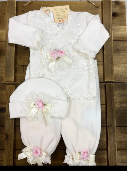 Rose 3pc cotton pants set with lace and roses