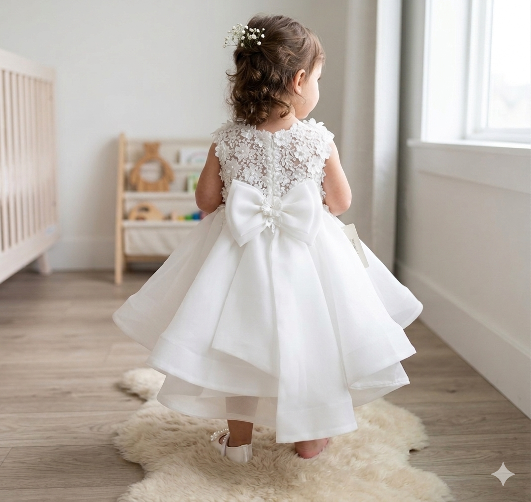 Lace Illusion Back Christening & Flower Girl Dress | Tiered Hi-Low Gown
