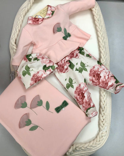 Baby Girls pink and floral take me home set Made in Italy
