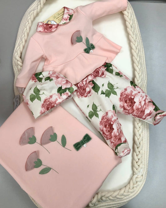 Baby Girls pink and floral take me home set Made in Italy