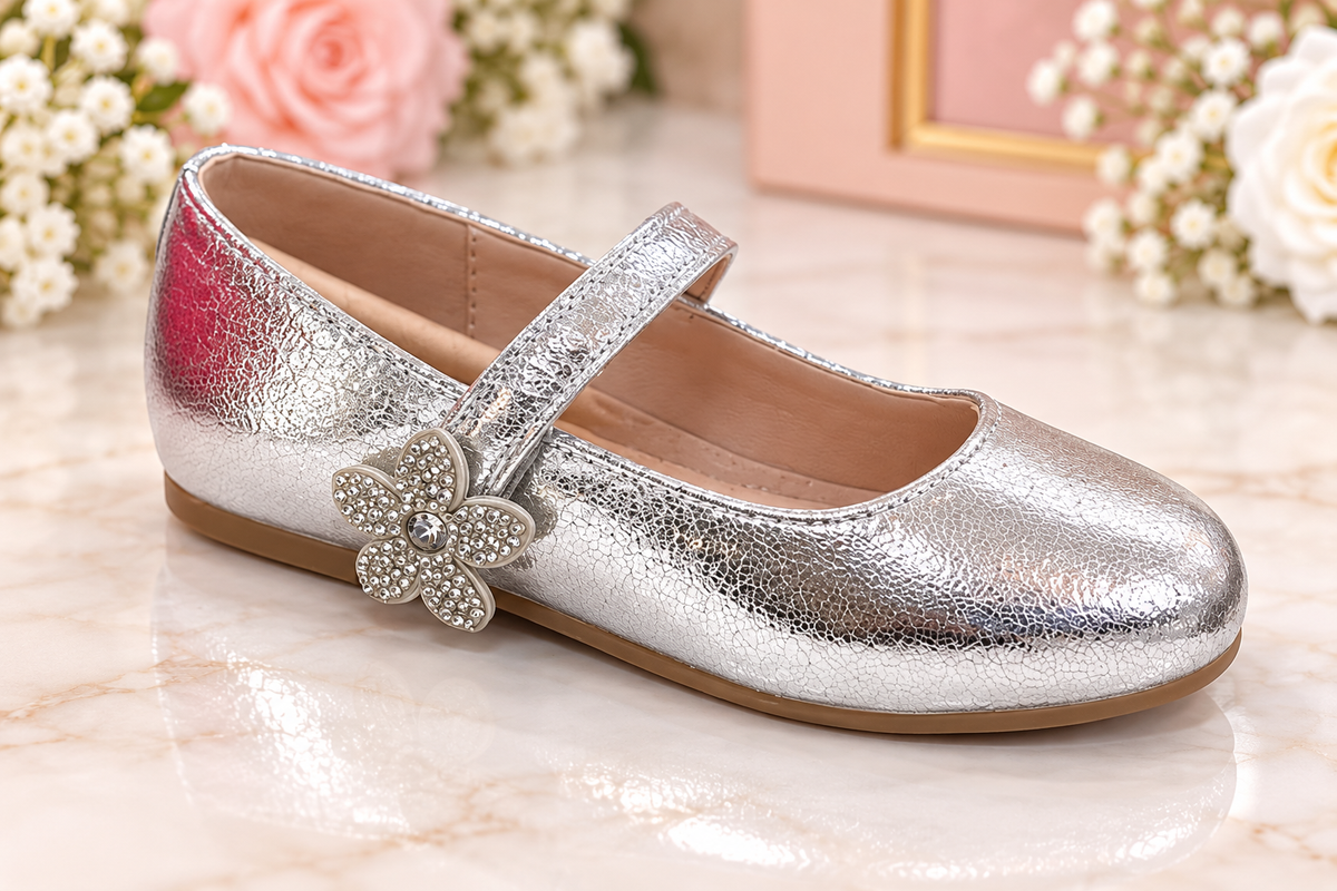 Girls’ Silver Flower-Embellished Mary Jane Dress Shoes Meryl