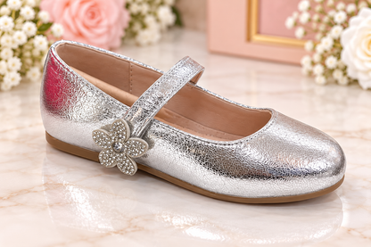 Girls’ Silver Flower-Embellished Mary Jane Dress Shoes Meryl