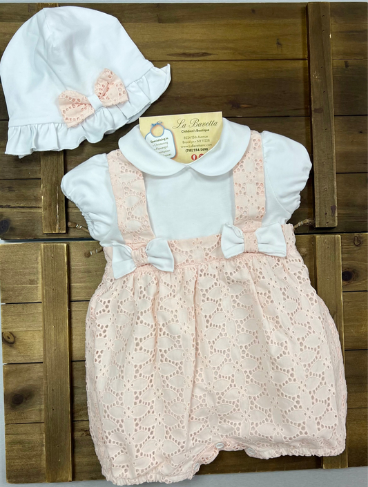 Pink  and white eylet girls Romper made in Italy