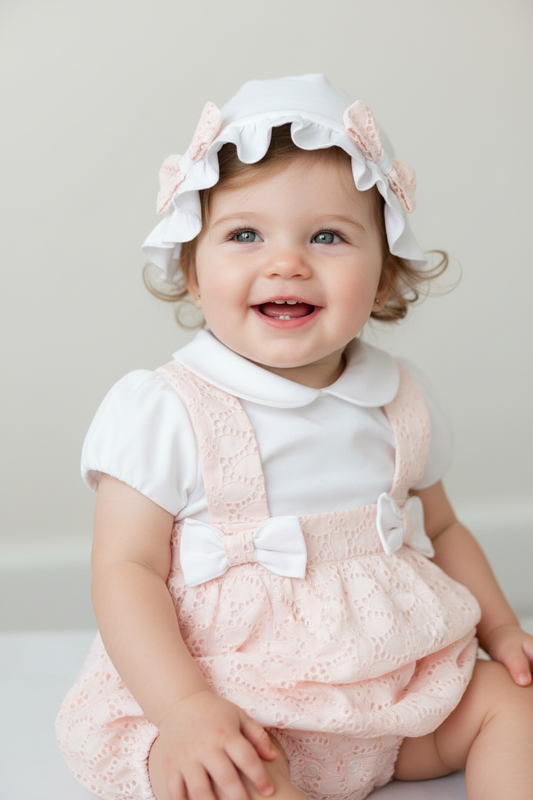 Pink  and white eylet girls Romper made in Italy