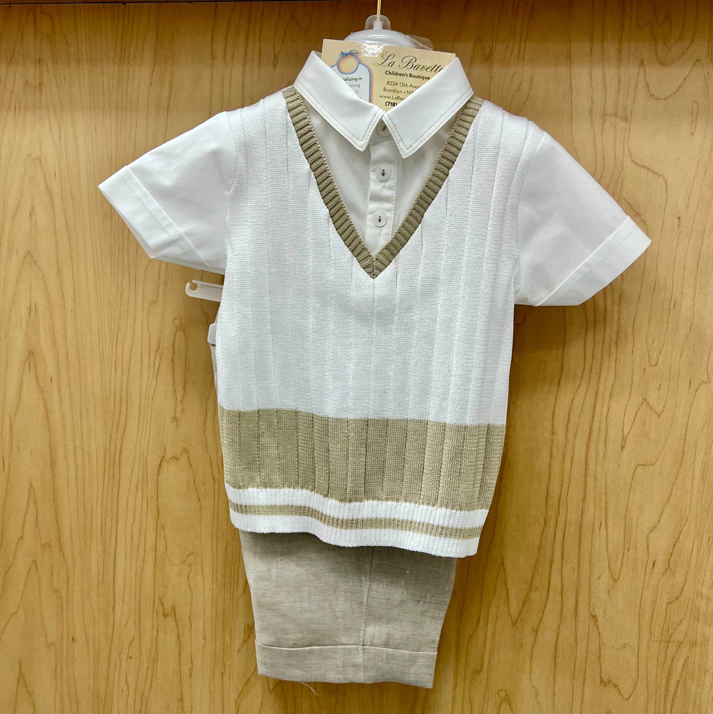 Baby Boy Formal Outfit Set - White Shirt with Knit Vest & Linen Shorts Made In Italy