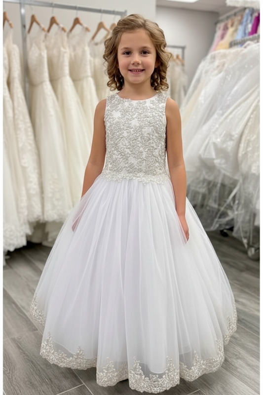 Silver Embellished Flower communion Dress