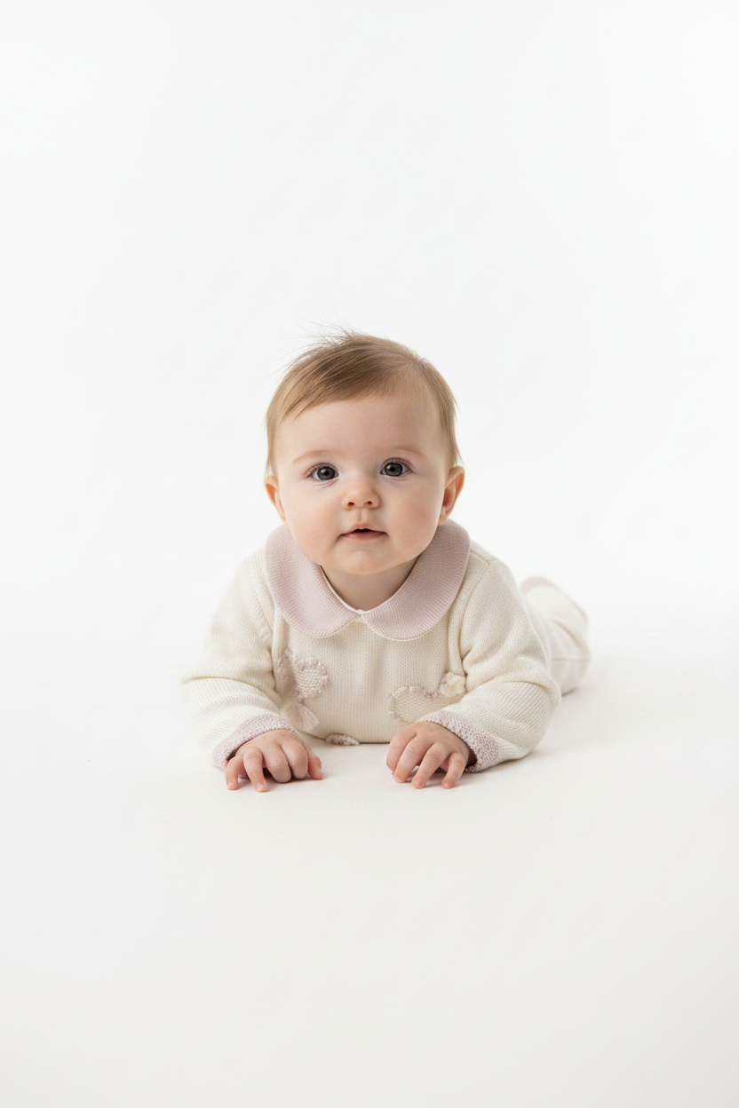 Bimbalo Baby Girl Ivory Knit Romper with Heart Embroidery