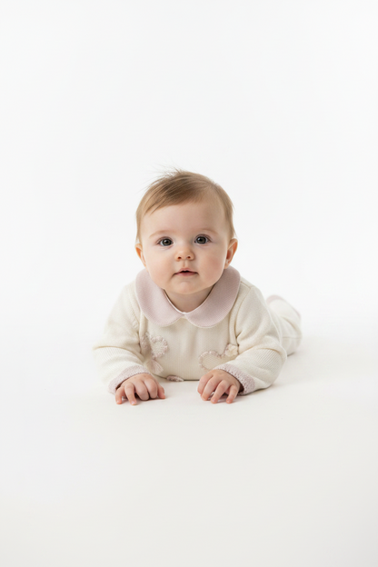 Bimbalo Baby Girl Ivory Knit Romper with Heart Embroidery