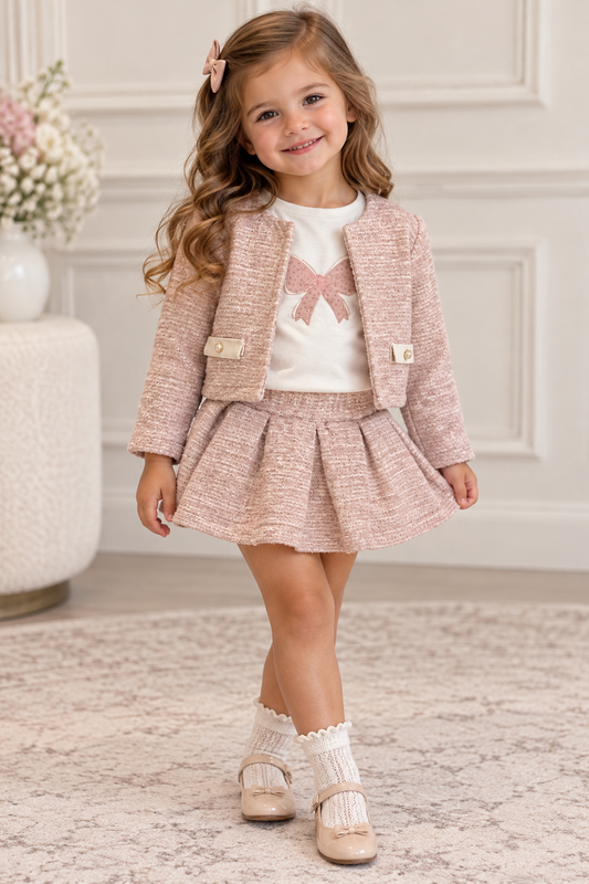 Girls' Pink Tweed Two-Piece Set – Jacket & Pleated Skirt