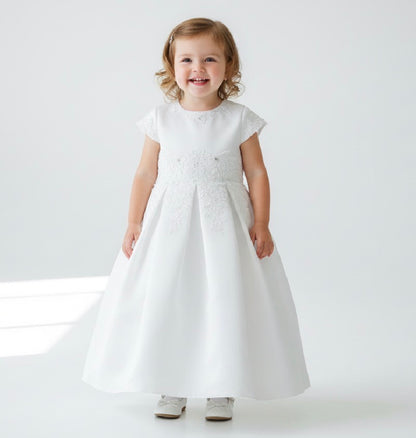 White Satin Lace waist Flower Girl Dress