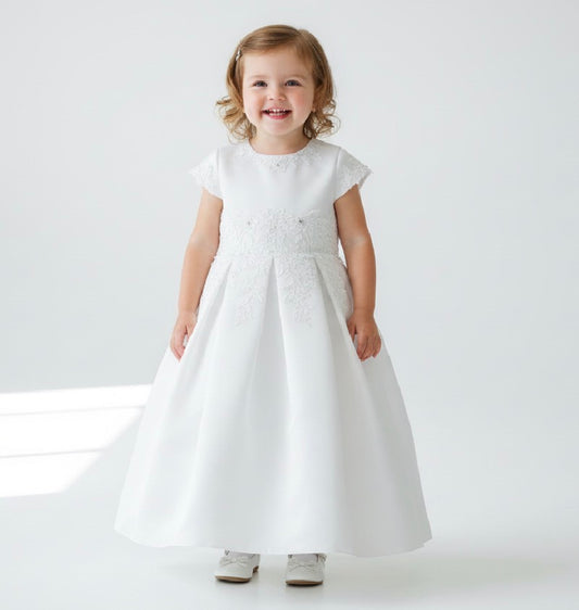 White Satin Lace waist Flower Girl Dress