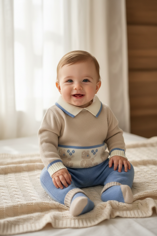 Boys blue & Tan knit set w/Bears Made In Italy