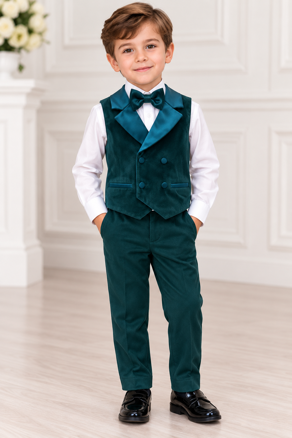 Boys’ Emerald Green Formal Vest and Pants Outfit Made In Italy