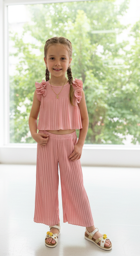 Girls Pink Pleated Ruffle Two-Piece Set