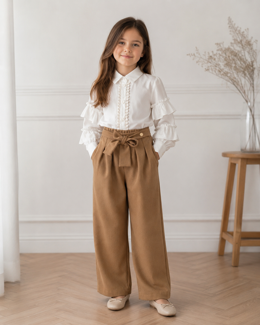 Girls Ruffle Blouse & Wide-Leg Trouser Set Made In Italy