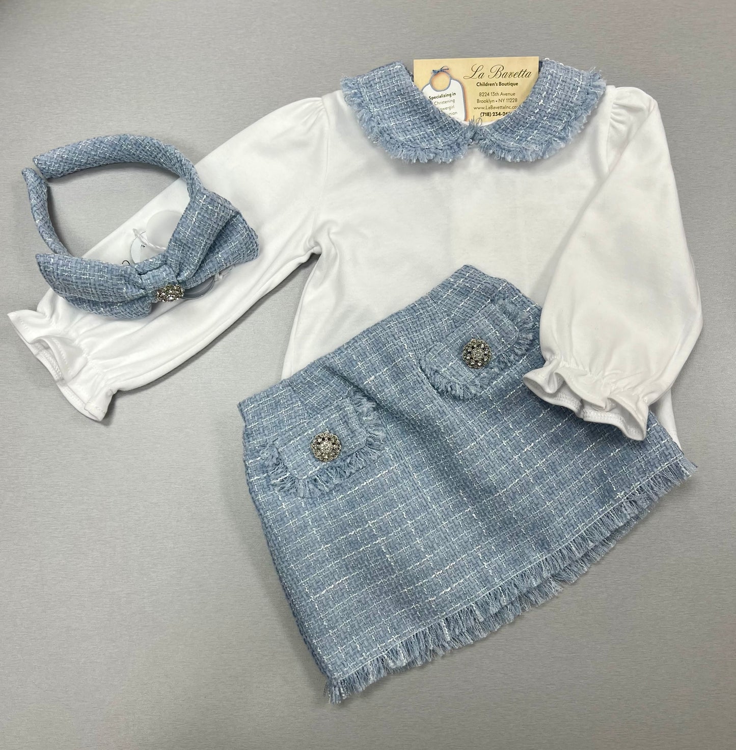 2pc Blue &white Tweed Girls skirt set