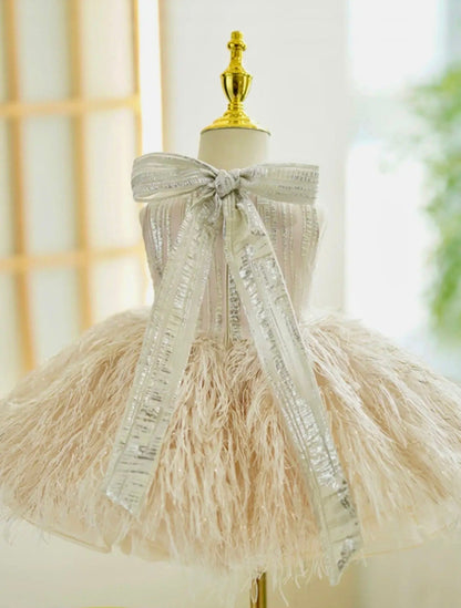 Champagne Feather Couture Baby Dress – Sequin Bodice & Ostrich Feather Skirt
