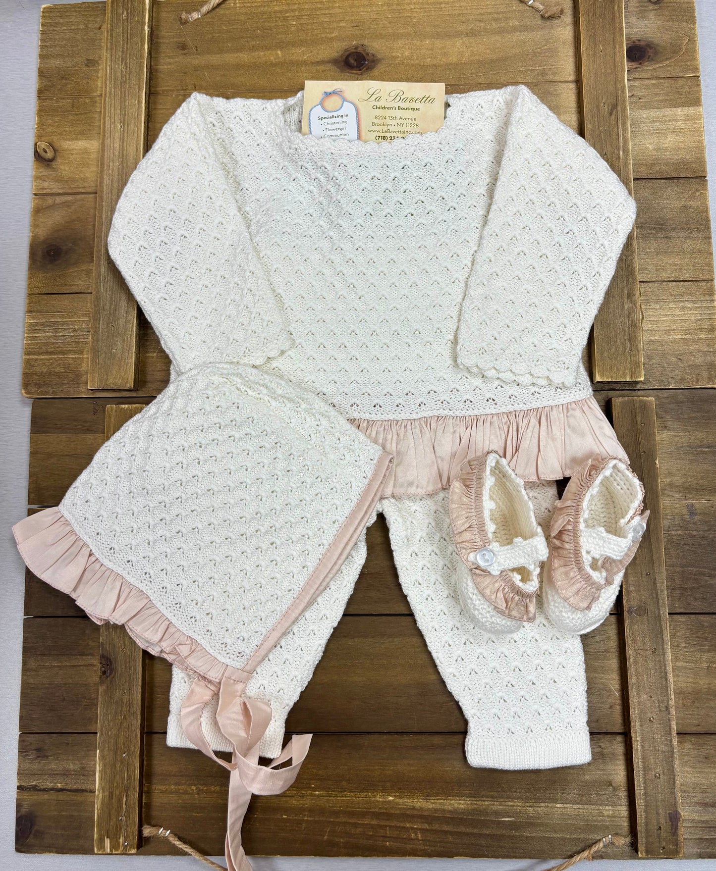 Ivory Knit & Blush Silk Ruffle Layette Take Me Home Set