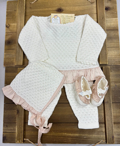 Ivory Knit & Blush Silk Ruffle Layette Take Me Home Set