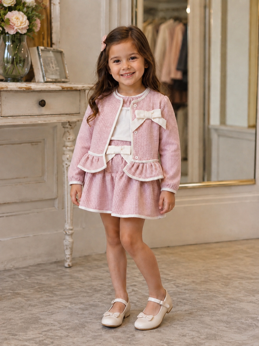 Girls' Pink Tweed Ruffle Jacket & Skirt Set