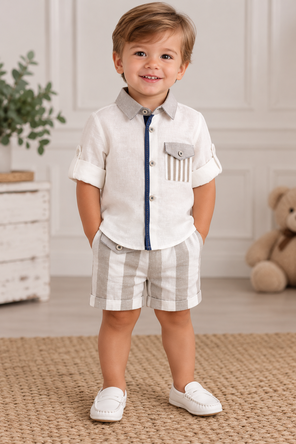 Bimbalo Boys' 2-Piece Linen Shirt & Striped Shorts Set Made In Italy