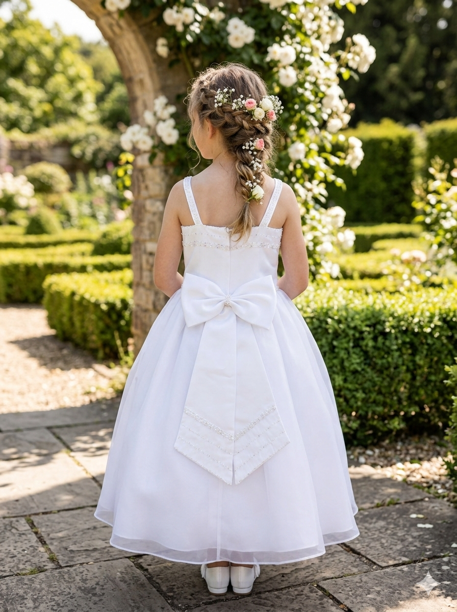 White Satin/Organza Communion Flower Girl Dress with Bow