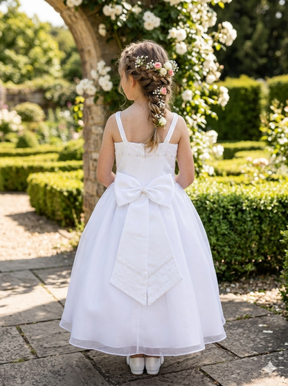White Satin/Organza Communion Flower Girl Dress with Bow