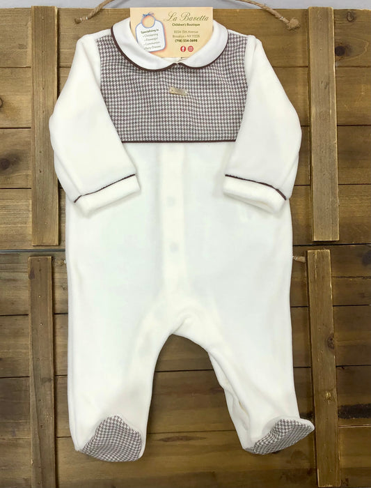 Cream with Brown checkers velour footed Onsie/Romper