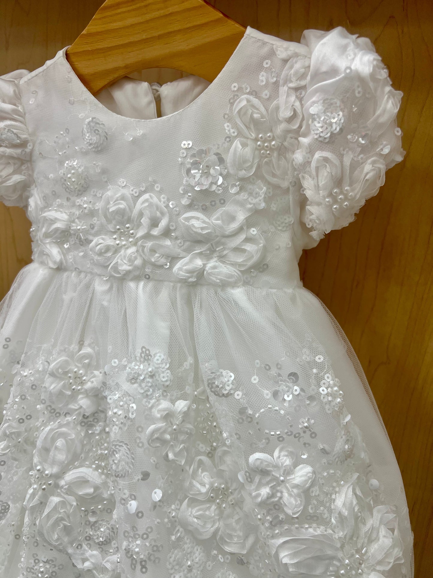 Girls' Christening Gown Set with 3D Floral Appliqués, Sequins & Matching Bonnet