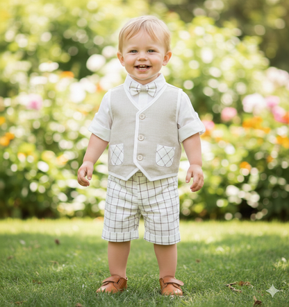 Bimbalo Boys 4 Piece Tan & white shorts and vest outfit Made In Italy