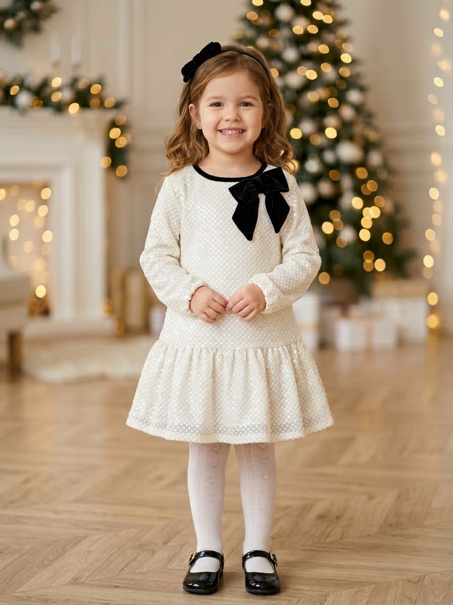 Girls’ Ivory Textured Dress with Black Bow