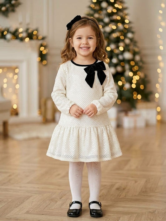 Girls’ Ivory Textured Dress with Black Bow