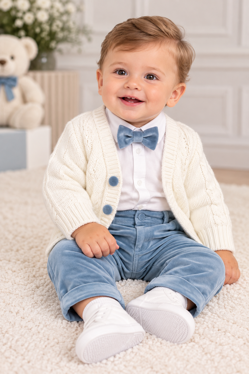 Baby wearing ivory cardigan, white shirt, light blue bow tie and velvet trousers by Christmas tree