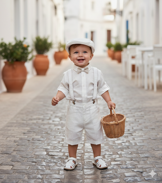 3pc white with Tan piping & bow tie linen shorts set made in Italy