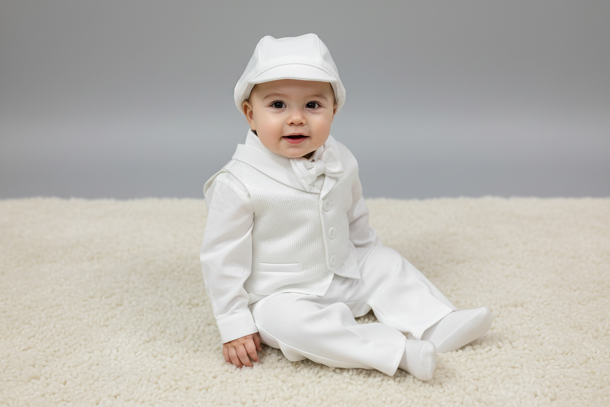 Baby in a white christening outfit sitting on a beige surface with a gray background