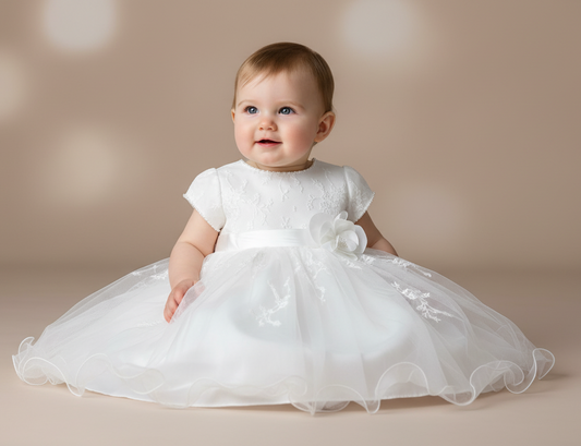 Baby girl in a white christening dress with floral details on a beige background