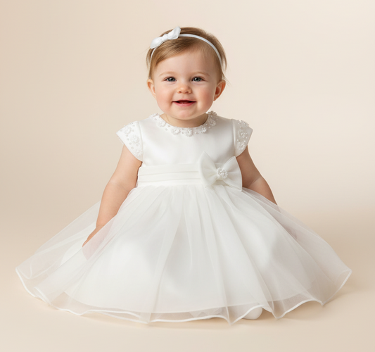Baby in a white christening dress with a floral detail on a beige background