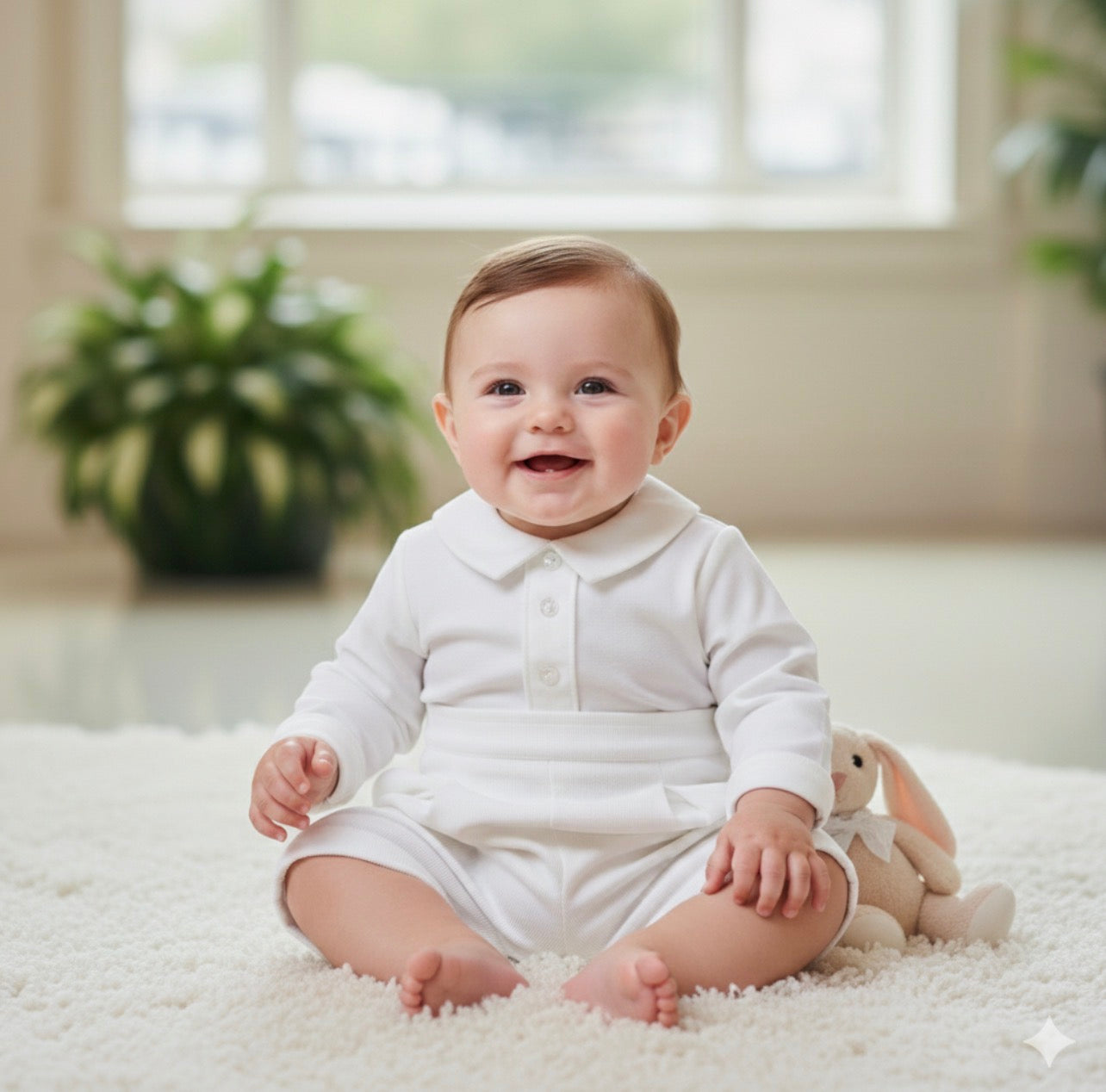 Baby in a white christening outfit sitting on a carpeted floor with a plant in the background